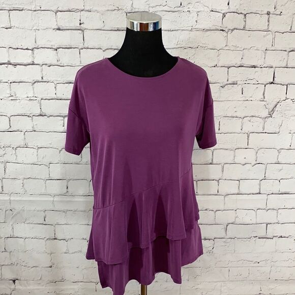 Double Ruffle Asymmetrical Hem Top/ Purple - Picture 1 of 10